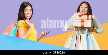 Zufriedene asiatische Frau beim Einkaufen und mit bunten Taschen und Geschenken, Einzelhandelskonzept Stockfoto