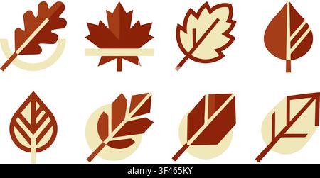 Isolierter Satz farbenfroher Herbstblätter, dargestellt als saubere Vektor-Icons auf weißem Hintergrund, ideal für saisonale Designs und Illustrationen. Stock Vektor