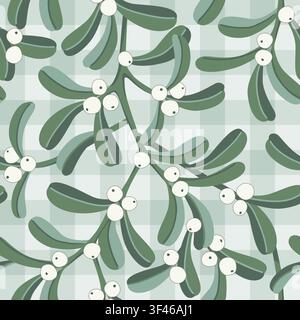 Seifige Mistelzweige und niedliche Herzen Vektor-Muster ohne Ende auf Gingham-Hintergrund. Weißer Mistel-Weihnachts-Hintergrund für Stoff, Tapete, Verpackung Stock Vektor