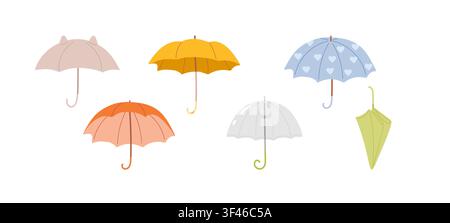 Regenschirm-Set. Regenschutz-Kollektion Kinderaccessoires, wetterthemenbezogene Designs, verspielte Illustrationen für Regenbekleidungskataloge Stock Vektor