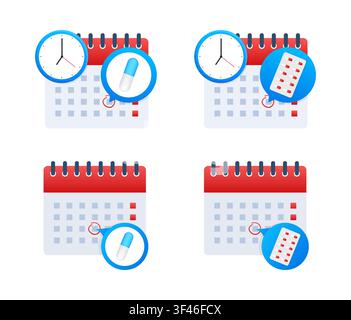 Medikamentenplaner-Erinnerung am Kalender mit Uhrbenachrichtigung Stock Vektor