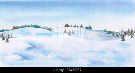 Eine Winterlandschaft mit Tannen im Hintergrund vor einem blauen Himmel. Isolierte Aquarellillustration geeignet für Grußkarten, Neujahr Stockfoto
