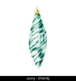 Glaskristallweihnachtsbaum-Spiralspielzeug. Aquarell-Winterhandgezeichnete Vintage-Illustration isoliert auf Hintergrund, transparentes png. Für Grußkarte Stockfoto