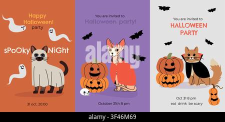 Set aus drei Halloween-Party-Einladungs-Vorlagen mit niedlichen Katzen in Geister-, Teufel- und Vampir-Kostümen, lächelnden Kürbissen, Schädeln, Fledermäusen und verspieltem Design Stock Vektor