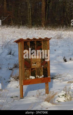 Insektenhotel im Schnee, sonniger Winter. Stockfoto