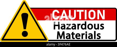 Achtung, gefährlicher Stoff. Gelbes Dreiecks-Warnschild mit Ausrufezeichen. Text auf rotem und weißem Hintergrund daneben. Aufkleber. Stock Vektor