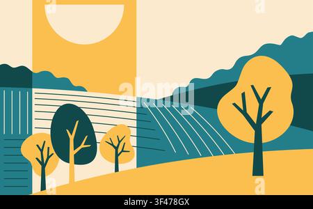Wunderschöne abstrakte Landschaft im einfachen Cartoon-Stil und mit 4 Farben. Ländliche Szene mit bewirtschafteten Feldern, Bäumen und sonnigem, wolkigem Himmel Stock Vektor