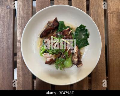 Herzhaftes Rindfleisch und Bok Choy, serviert mit frischen Kräutern und Soße in einer Schüssel, repräsentierend ein asiatisch inspiriertes gekochtes Fleisch- und Gemüsegericht. Stockfoto