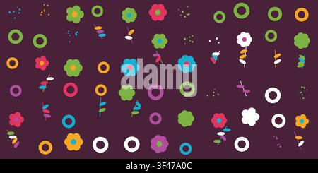 Bunte Flachdesign-Blumen, Kreise und Schmetterlinge auf einem dunkelvioletten Hintergrund Stock Vektor
