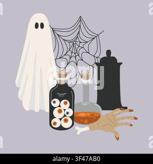 Handgezeichnete Halloween-Illustration, Spinnennetz, Geist, Zombie-Hand und Grabstein, giftige Trankkomposition für Karte oder Banner Stock Vektor