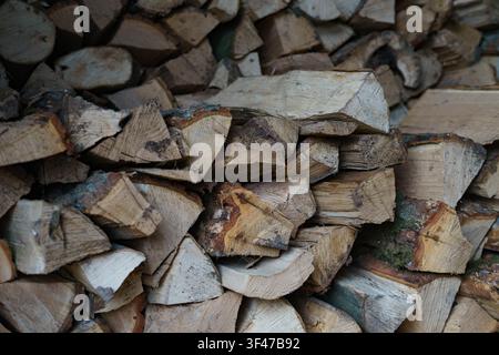 Stapel gehackten Brennholzes mit Baumstumpf im Vordergrund. Vorbereitetes Brennholz für die Winterheizung. Stockfoto