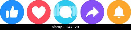 Like, Daumen hoch, Herz, Kommentar, Teilen und Benachrichtigungs-Glocken-Social-Media-Interface-Symbol-Set. Vektor-Illustration Stock Vektor