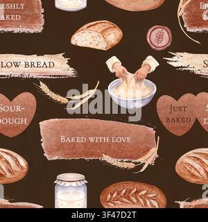 Sauerteig, Weizen, Sauerteigkultur im Glas, Teigstreichen, handwerkliches Brot nahtloses Aquarellmuster auf braunem Hintergrund. Handgemaltes Bäckereidesign für Stockfoto