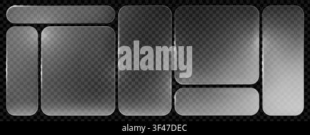 Rahmen-Glas-Knopf und Morphismus-Flüssigkeit transparent mit UI-Rechteck 3D. Effekt Blasenlicht und Symbol-Textform mit Kasten-Hintergrund-Glasmorphismus. De Stock Vektor