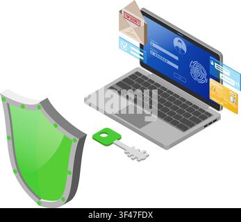 Computer Cyber Internet Sicherheitsbanner für persönliche Daten Laptop mit vertraulichem Datenschutz Shield Key Login und Fingerabdruckformular Hackin Stock Vektor