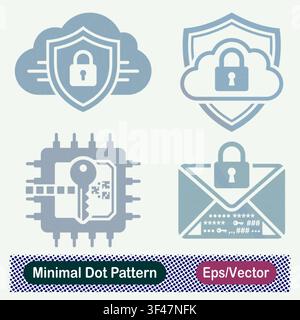 Minimaler Punktmuster-Sicherer-Cloud-Schutzschloss-, Mikrochip-Verschlüsselungsschlüssel- und Sicherer-Verschlüsselter-E-Mail-Umschlag-Vektor-Icons-Set Stock Vektor