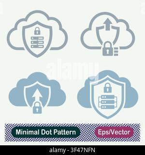 Minimaler Punktmuster-Sicherer-Cloud-Server-Schild, Verschlüsseltes-Cloud-Upload-Schloss und Geschütztes-Datenbank-Netzwerk-Cloud-Vektor-Icons-Set Stock Vektor
