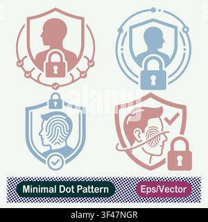 Minimaler Punktmuster-Verifizierter Benutzerprofil-Schutzschild, Netzwerksicherheits-Identitätsschild, Biometrisches Fingerabdruck-Profilschild und Gesichtsbiometrie Stock Vektor