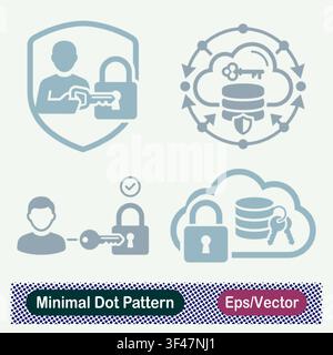 Minimaler Punktmuster-Benutzerschlüssel-Zugriffsenschutzschild, Cloud-Datenbank-Verschlüsselungsschlüssel-Netzwerkring, Verifizierter Benutzer-Entsperr-Zugriffssteuerung und Cloud-Daten Stock Vektor