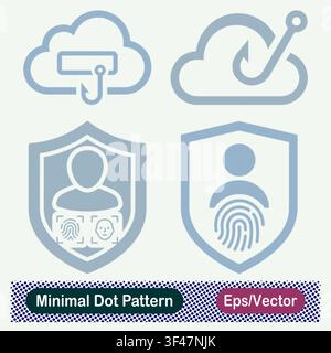 Minimaler Punktmuster-Wolken-Phishing-Datenhaken, Cloud-Cyber-Bedrohungs-Haken, Biometrischer Benutzer-Multifaktor-Authentifizierungs-Schild und Benutzer-Fingerabdruck-Sicherheit Stock Vektor