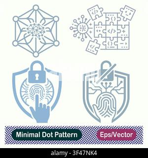 Minimaler Punktmuster-KI-Gehirn-Neuraler Mesh-Würfel, Code-Puzzle-Modularalgorithmus, Biometrisches Fingerabdruckschloss-Schild-Touch und entsperrtes Fingerabdrucksymbol Stock Vektor