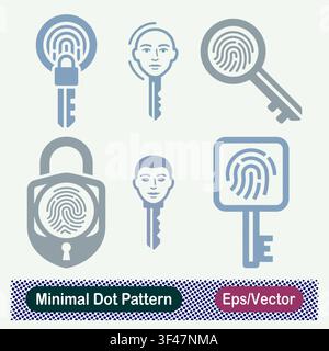 Minimales Punktmuster-Biometrisches Fingerabdruck-Schlösser, Gesichtserkennungs-Schlüsselscan, Sicherheits-Fingerabdruck-Schlüssellochschloss und Face-ID-Zugriffs-Sicherheit Stock Vektor