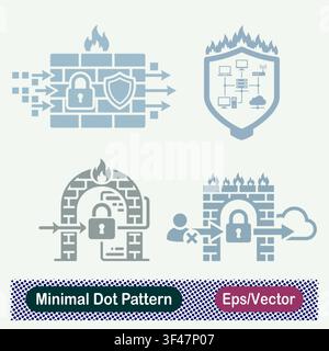 Minimaler Punktmuster-Firewall-Datensicherheits-, Geschützter Netzwerk-Schild-, Sicherer Gateway-Bogen- und Cloud-Zugriffssteuerungs-Vektor-Icons-Satz Stock Vektor