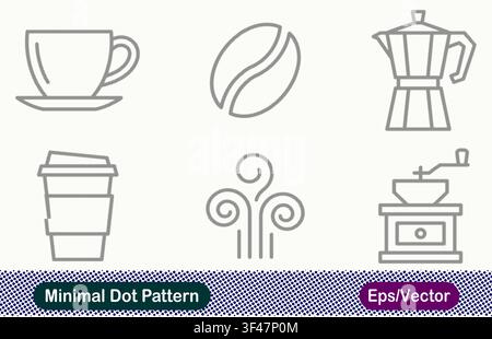 Minimaler Punktmuster-Kaffeebecher, geröstete Kaffeebohne, Moka-Kanne, Pappbecher zum Mitnehmen, heißer Aromadampf und manuelle Kaffeemühle-Vektor-Icons Stock Vektor