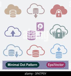 Minimaler Punktmuster-Cloud-Datenbank-, Daten-Upload-Download-, Verschlüsselter Speicher-, Festplatten-Sicherung- und Sichere Cloud-Vektor-Icons-Set Stock Vektor