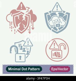 Minimaler Punktmuster-Wolken-Sicherheitsverletzung, geknackter Schild-Warnung, Datenexpositions-Warnung und entsperrter Schloss-Cyber-Bedrohungs-Vektor-Symbol-Set Stock Vektor