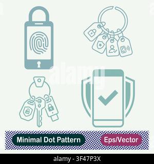 Minimaler Punktmuster-Smartphone-Biometrie-Schloss, Schlüsselring-Tags, Sicherheitsschlüsselanhänger und Mobiles Schild-Schutz-Vektor-Ikonen-Set Stock Vektor