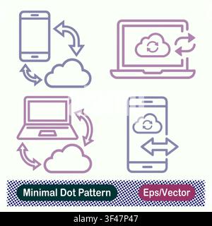 Minimaler Punktmuster-Wolken-Datenbank-, verschlüsselte Datenbank-, sichere Kettenglied- und geschützter Dokument-Schild-Vektor-Ikonen-Set Stock Vektor