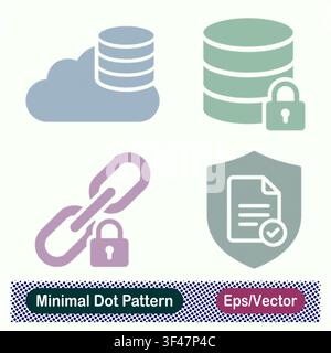 Minimaler Punktmuster-Wolken-Datenbank-, verschlüsselte Datenbank-, sichere Kettenglied- und geschützter Dokument-Schild-Vektor-Ikonen-Set Stock Vektor