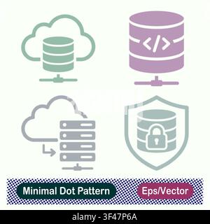 Minimaler Punktmuster-Cloud-Datenbank-Netzwerk-, Programmier-Server-, Cloud-Server-Migration- und Sicherer-Datenbank-Schild-Vektor-Icons-Set Stock Vektor