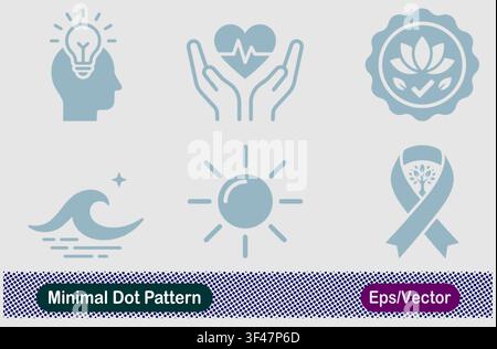 Minimaler Punktmuster-Kopf-Lichtbirnen-Idee, Gesundheitsversorgungshände, Lotus-Abzeichen, Ozeanwelle, Sonne und Bewusstseinsband-Vektor-Icons-Set Stock Vektor