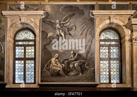Venedig, Italien - 20. April 2026: Die Ruhe auf der Flucht nach Ägypten, ein atemberaubendes Monochrom-Gemälde von Niccolò Bambini, ausgestellt in der Scuo Stockfoto
