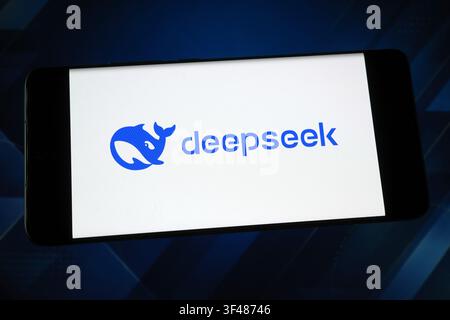 DeepSeek-Logo auf einem Smartphone-Bildschirm angezeigt. DeepSeek ist ein chinesisches Unternehmen für künstliche Intelligenz Stockfoto