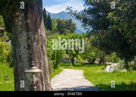 Ein malerischer Weg, gesäumt von Bäumen, führt durch einen üppigen grünen Garten. Im Hintergrund erheben sich Berge unter einem klaren blauen Himmel. Stockfoto