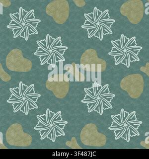 Botanisches Blatt- und Herz-Muster ohne Ende, handgezeichnetes Blatt- und Herz-Muster ohne Ende auf texturiertem grünem Hintergrund Stockfoto