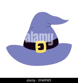 Niedliche Halloween-Hexenhut-Vektorillustration. Cartoon-lila Zauberermütze mit schwarzem Gürtel und gelber Schnalle isoliert auf weißem Hintergrund. Handgezeichnetes magisches Zauberer-Bekleidungselement, Aufkleber Stock Vektor