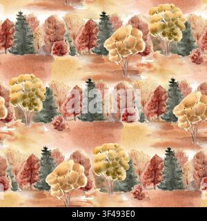 Bunte Wald-Aquarell-Hintergrund nahtlos auf gelben und orangen Pinselstrichen. Herbstliche gemischte Waldlandschaft handgezeichnet. Endlose Szenerie von Bäumen mit Stockfoto