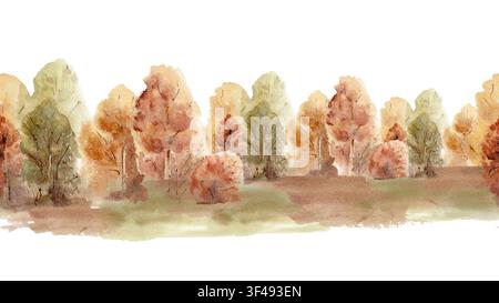 Aquarell-Herbstwald nahtloser Rand mit Bäumen und pastellfarbenem Laub isoliert. Wiederholter Hintergrund für saisonales Design. Handgezeichnet endlos Stockfoto