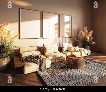 Boucle-Sofa in einem sonnendurchfluteten Wohnzimmer mit Triptychon-Rahmen-Mockup und Rattan-Tisch Stockfoto