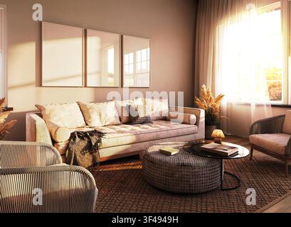 Beiges Sofa in einem sonnendurchfluteten Wohnzimmer mit Triptychon-Rahmen-Mockup und Seilstühlen Stockfoto