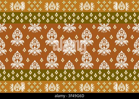 nahtloses traditionelles thailändisches ornamentales Muster mit aufwendigen Blumenmotiven Tropfenformen wiederholendes horizontales Banddesign warme Farbpalette Whi Stock Vektor