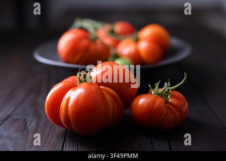 Rote Heirloom-Tomaten auf dunklem Teller mit flacher Schärfentiefe. Frisches Bio-Obst, stimmungsvolles natürliches Licht Stockfoto