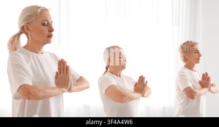 Gruppe von Seniorinnen meditiert in der Namaste-Pose mit geschlossenen Augen, praktiziert Yoga für mentale Gesundheit und Wohlbefinden, Sie konzentrieren sich auf Entspannung und Stockfoto