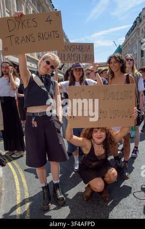 25. Juli 2026, London, UK: Freunde, Familie und Aktivisten schließen sich dem London Trans Pride-Protest im Zentrum Londons am 25. Juli 2026 an. London, England. Stockfoto