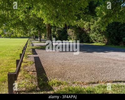 Straße, Auto-Hintergrund, Automobil-Heckplatte, ruhige Landstraße in parkartiger Umgebung, gesäumt von grünen Bäumen Stockfoto