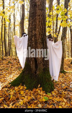 Zwei Personen in Halloween-Geisterkostümen stehen oder spazieren durch einen Herbstwald, umgeben von bunten Laub. Die Kostüme bestehen aus weißen Stofflaken, die die Figuren bedecken, und schaffen so eine verspielte und geheimnisvolle saisonale Szene. Gefallene Blätter bedecken den Waldboden, während Baumstämme und Äste die Charaktere einrahmen. Stockfoto